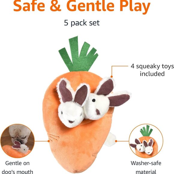 Hide and Seek Squeaky Dog Plush Toy, Rabbit and Carrot, Orange and White, 5 Pack - Picture 2 of 16